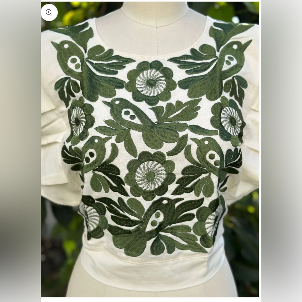 Mexican Embroidered Bird Floral Blouse Cream Boho Folk Art Huipil Top Sz L NWOT